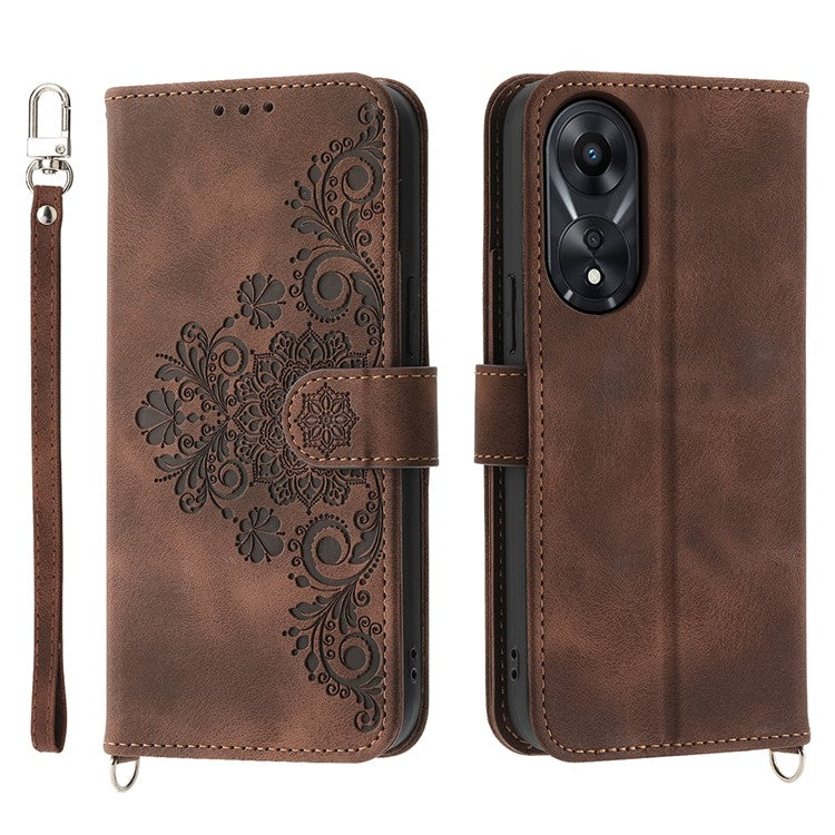 Skin-Touch Phone Case for Oppo A78 5G PU Leather Phone Shell Flower Imprinted Wallet Cover with Strap - Brown