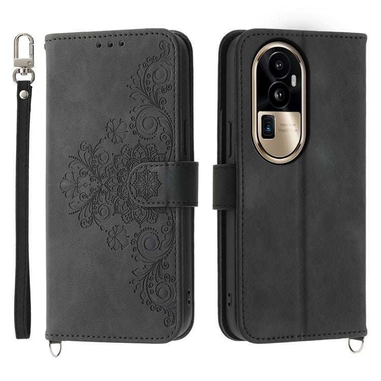 Skin-Touch Phone Case for Oppo Reno10 Pro+ 5G Flower Imprinted Leather Wallet Cover with Strap - Black