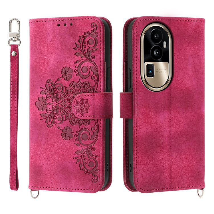 Skin-Touch Phone Case for Oppo Reno10 Pro+ 5G Flower Imprinted Leather Wallet Cover with Strap - Wine Red