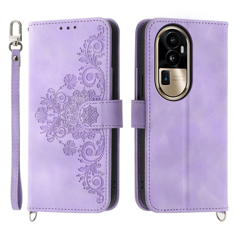 Skin-Touch Phone Case for Oppo Reno10 Pro+ 5G Flower Imprinted Leather Wallet Cover with Strap - Light Purple