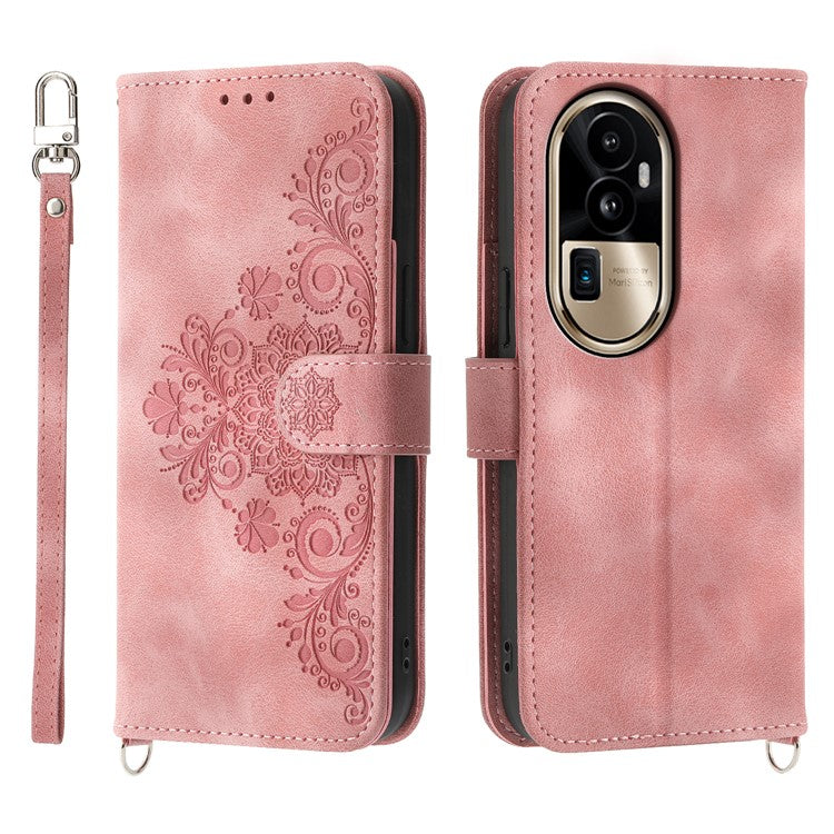 Skin-Touch Phone Case for Oppo Reno10 Pro+ 5G Flower Imprinted Leather Wallet Cover with Strap - Pink