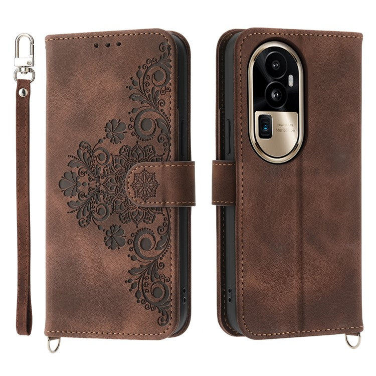 Skin-Touch Phone Case for Oppo Reno10 Pro+ 5G Flower Imprinted Leather Wallet Cover with Strap - Brown