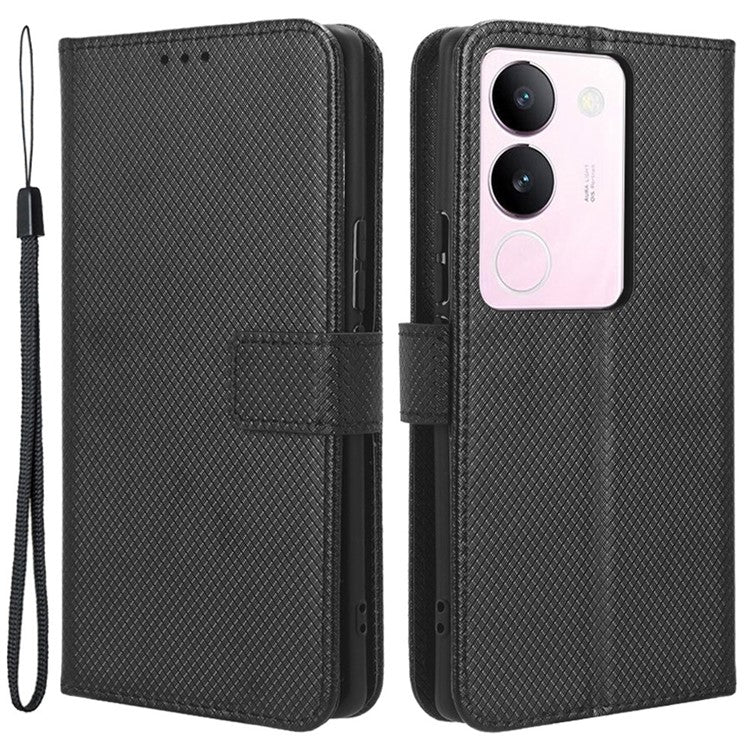 For vivo V29 5G / S17 5G / S17 Pro 5G / S17t 5G PU Leather Phone Case Stand Wallet Anti-Dust Phone Shell Diamond Texture Cover - Black