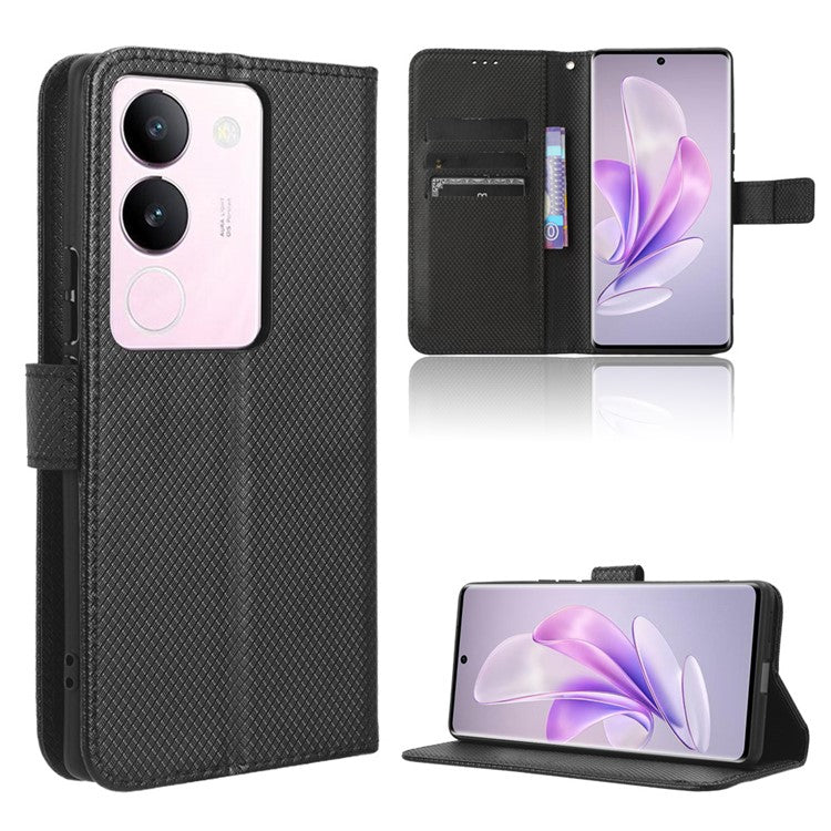 For vivo V29 5G / S17 5G / S17 Pro 5G / S17t 5G PU Leather Phone Case Stand Wallet Anti-Dust Phone Shell Diamond Texture Cover - Black