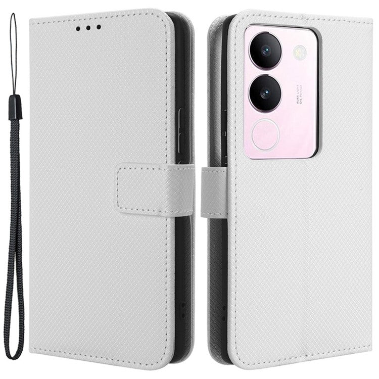 For vivo V29 5G / S17 5G / S17 Pro 5G / S17t 5G PU Leather Phone Case Stand Wallet Anti-Dust Phone Shell Diamond Texture Cover - White