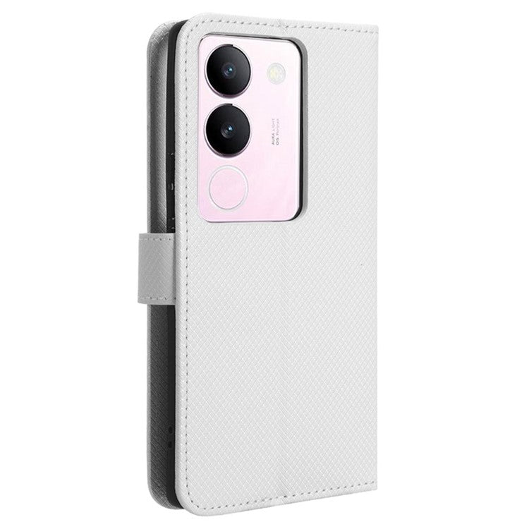 For vivo V29 5G / S17 5G / S17 Pro 5G / S17t 5G PU Leather Phone Case Stand Wallet Anti-Dust Phone Shell Diamond Texture Cover - White