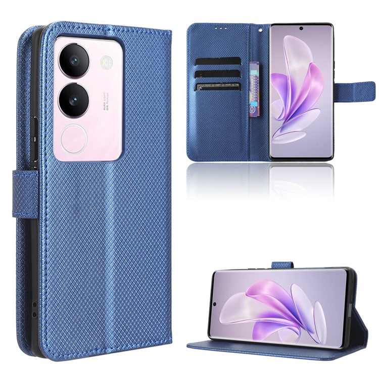 For vivo V29 5G / S17 5G / S17 Pro 5G / S17t 5G PU Leather Phone Case Stand Wallet Anti-Dust Phone Shell Diamond Texture Cover - Blue