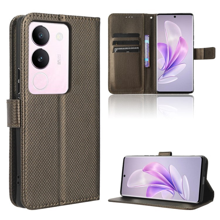 For vivo V29 5G / S17 5G / S17 Pro 5G / S17t 5G PU Leather Phone Case Stand Wallet Anti-Dust Phone Shell Diamond Texture Cover - Brown