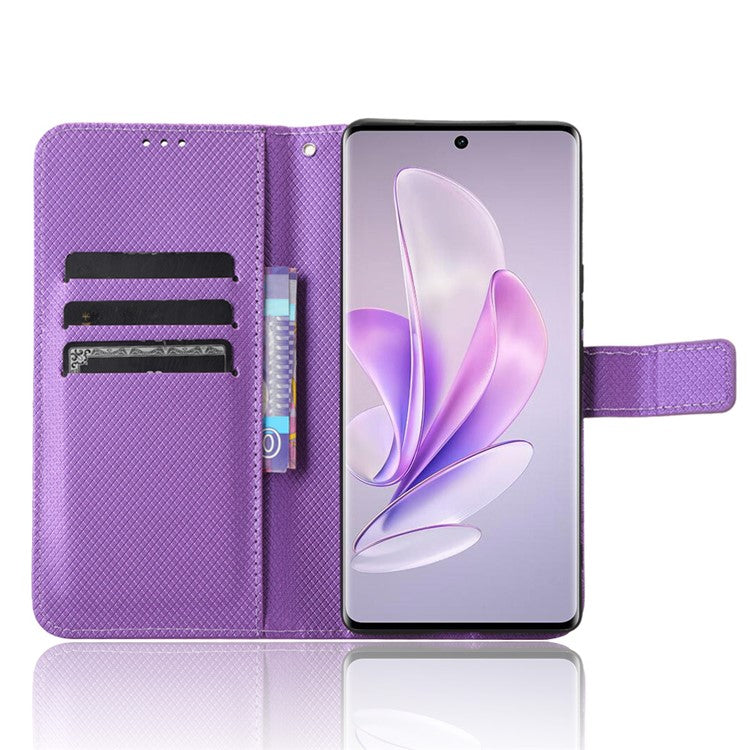 For vivo V29 5G / S17 5G / S17 Pro 5G / S17t 5G PU Leather Phone Case Stand Wallet Anti-Dust Phone Shell Diamond Texture Cover - Purple