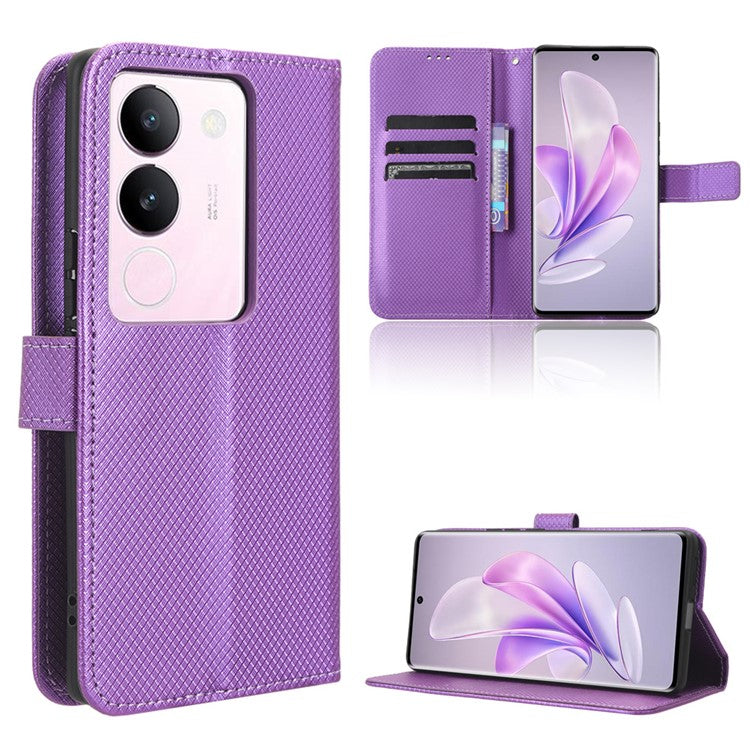 For vivo V29 5G / S17 5G / S17 Pro 5G / S17t 5G PU Leather Phone Case Stand Wallet Anti-Dust Phone Shell Diamond Texture Cover - Purple