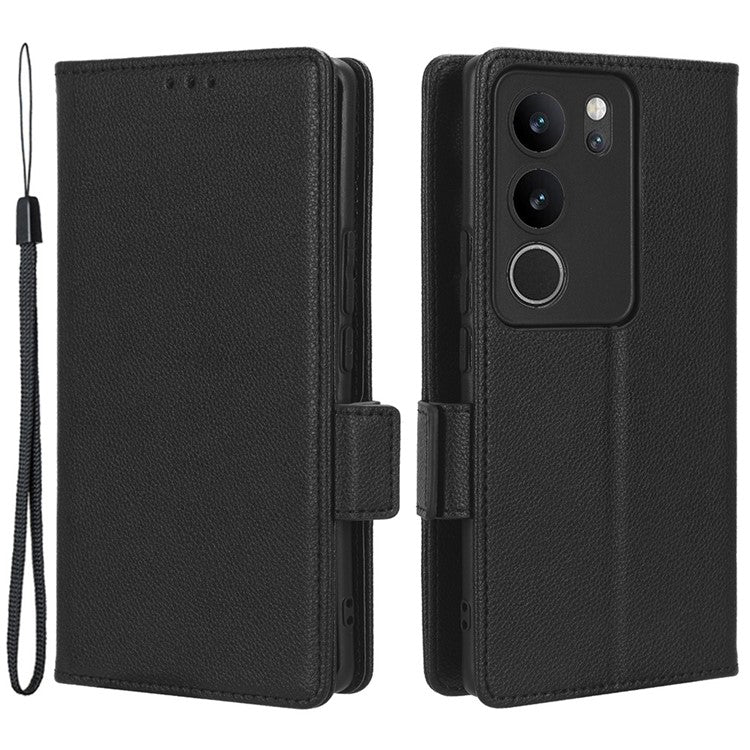 For vivo V29 5G / S17 5G / S17 Pro 5G / S17t 5G Litchi Texture Phone Case Wallet Stand Magnetic Closure PU Leather Phone Cover - Black