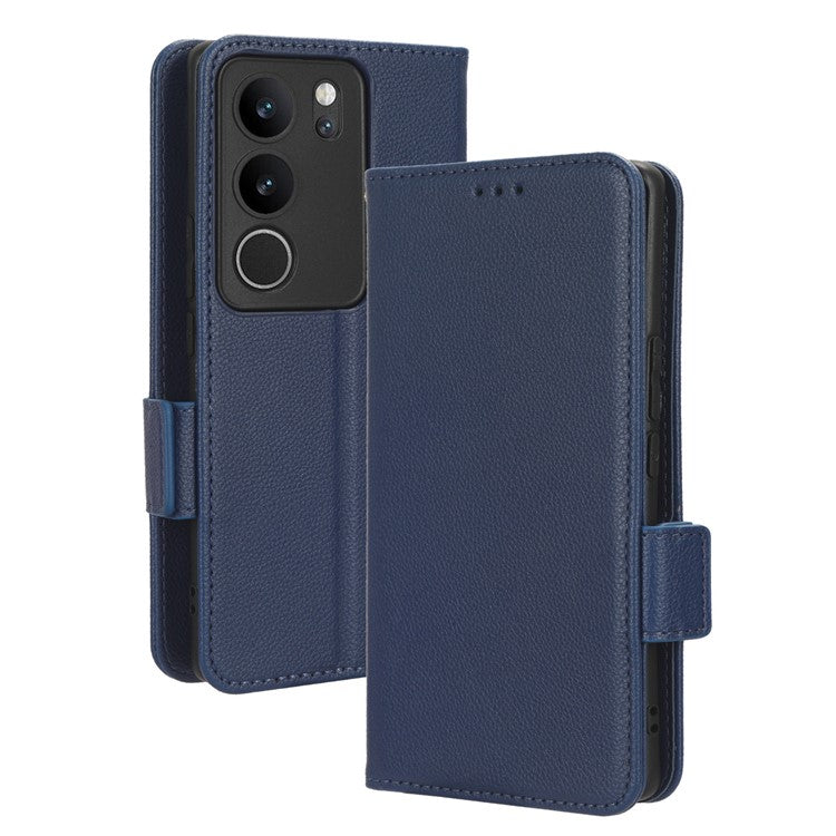 For vivo V29 5G / S17 5G / S17 Pro 5G / S17t 5G Litchi Texture Phone Case Wallet Stand Magnetic Closure PU Leather Phone Cover - Dark Blue