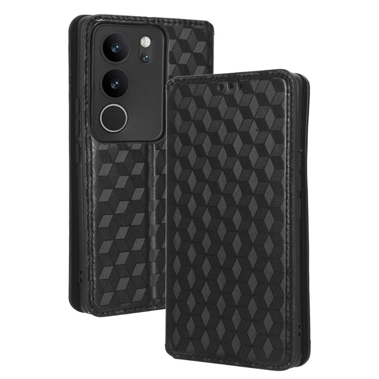 For vivo V29 5G / S17 5G / S17 Pro 5G / S17t 5G Rhombus Imprinted Shell PU Leather Stand Case Shockproof Phone Cover - Black