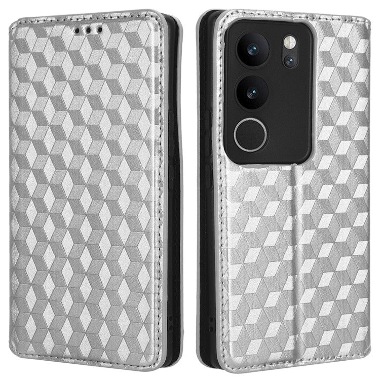 For vivo V29 5G / S17 5G / S17 Pro 5G / S17t 5G Rhombus Imprinted Shell PU Leather Stand Case Shockproof Phone Cover - Silver