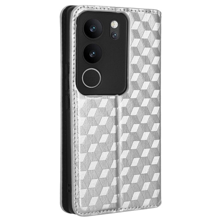 For vivo V29 5G / S17 5G / S17 Pro 5G / S17t 5G Rhombus Imprinted Shell PU Leather Stand Case Shockproof Phone Cover - Silver