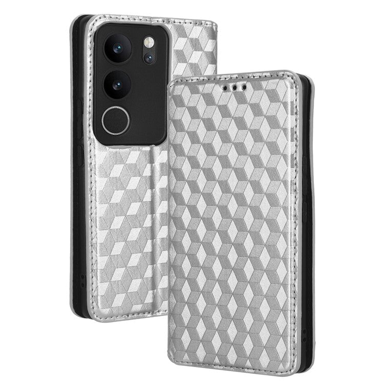 For vivo V29 5G / S17 5G / S17 Pro 5G / S17t 5G Rhombus Imprinted Shell PU Leather Stand Case Shockproof Phone Cover - Silver