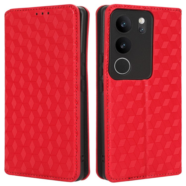 For vivo V29 5G / S17 5G / S17 Pro 5G / S17t 5G Rhombus Imprinted Shell PU Leather Stand Case Shockproof Phone Cover - Red