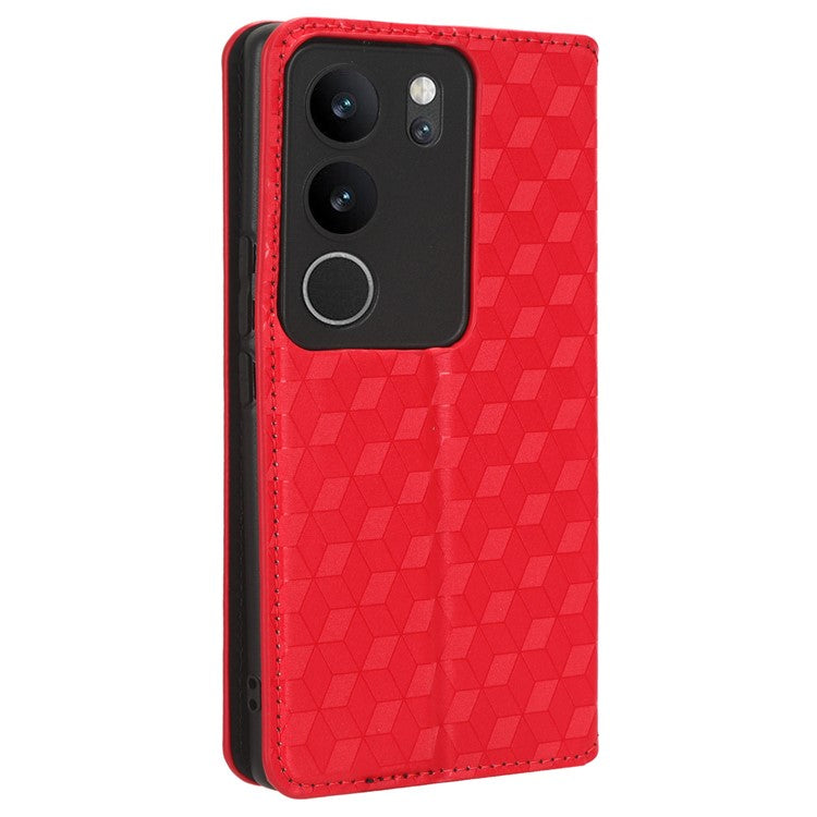 For vivo V29 5G / S17 5G / S17 Pro 5G / S17t 5G Rhombus Imprinted Shell PU Leather Stand Case Shockproof Phone Cover - Red