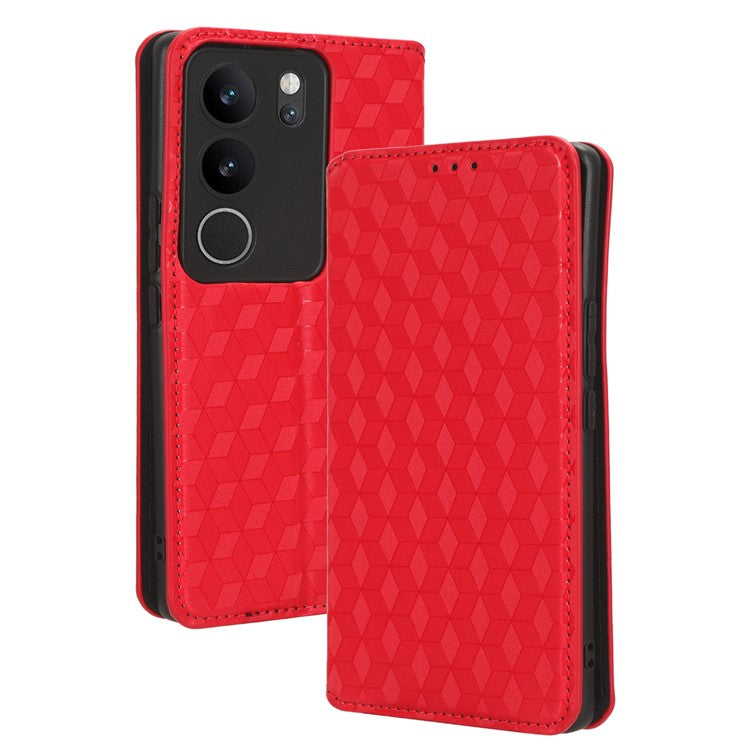 For vivo V29 5G / S17 5G / S17 Pro 5G / S17t 5G Rhombus Imprinted Shell PU Leather Stand Case Shockproof Phone Cover - Red