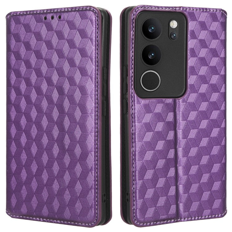 For vivo V29 5G / S17 5G / S17 Pro 5G / S17t 5G Rhombus Imprinted Shell PU Leather Stand Case Shockproof Phone Cover - Purple