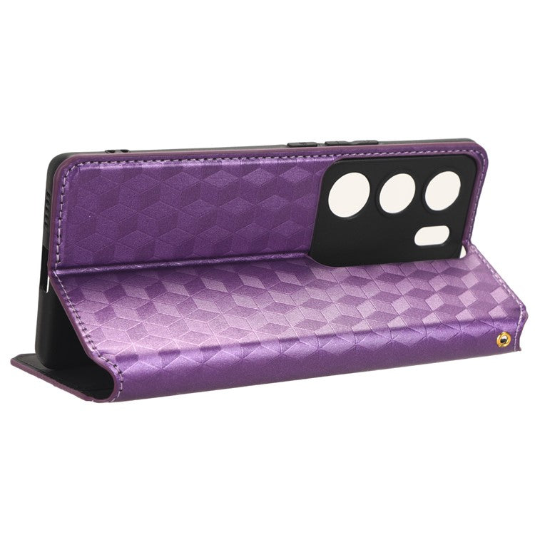 For vivo V29 5G / S17 5G / S17 Pro 5G / S17t 5G Rhombus Imprinted Shell PU Leather Stand Case Shockproof Phone Cover - Purple