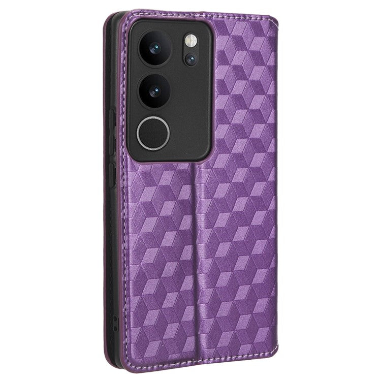 For vivo V29 5G / S17 5G / S17 Pro 5G / S17t 5G Rhombus Imprinted Shell PU Leather Stand Case Shockproof Phone Cover - Purple