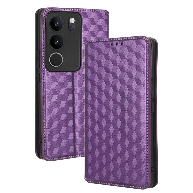 For vivo V29 5G / S17 5G / S17 Pro 5G / S17t 5G Rhombus Imprinted Shell PU Leather Stand Case Shockproof Phone Cover - Purple