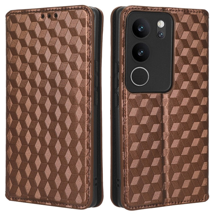 For vivo V29 5G / S17 5G / S17 Pro 5G / S17t 5G Rhombus Imprinted Shell PU Leather Stand Case Shockproof Phone Cover - Brown