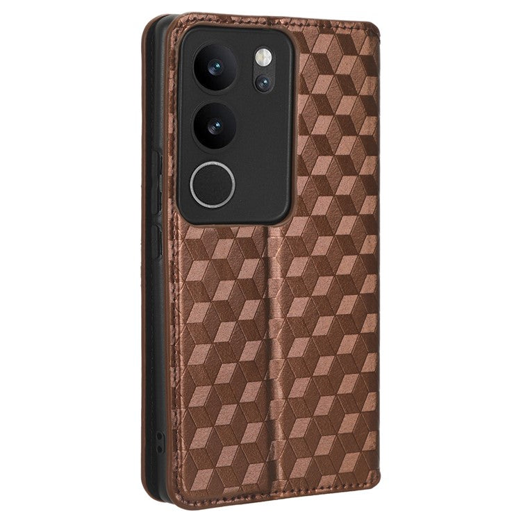 For vivo V29 5G / S17 5G / S17 Pro 5G / S17t 5G Rhombus Imprinted Shell PU Leather Stand Case Shockproof Phone Cover - Brown