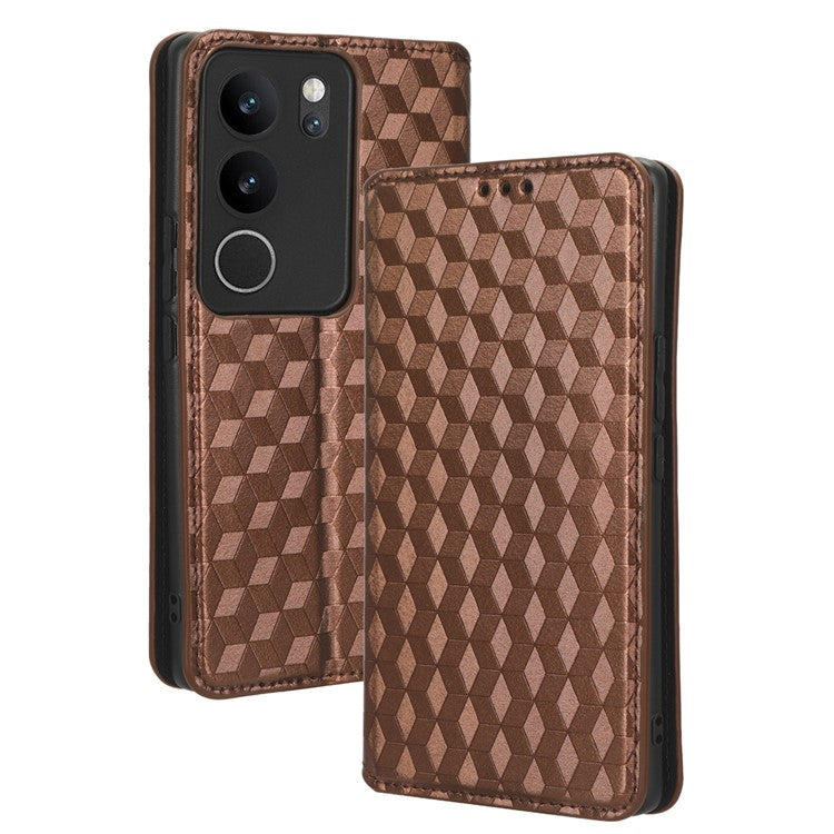 For vivo V29 5G / S17 5G / S17 Pro 5G / S17t 5G Rhombus Imprinted Shell PU Leather Stand Case Shockproof Phone Cover - Brown