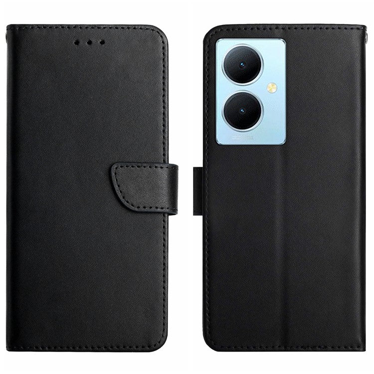 HT02 For vivo Y78+ 5G Genuine Cow Leather Phone Case Nappa Texture Phone Stand Wallet Cover - Black