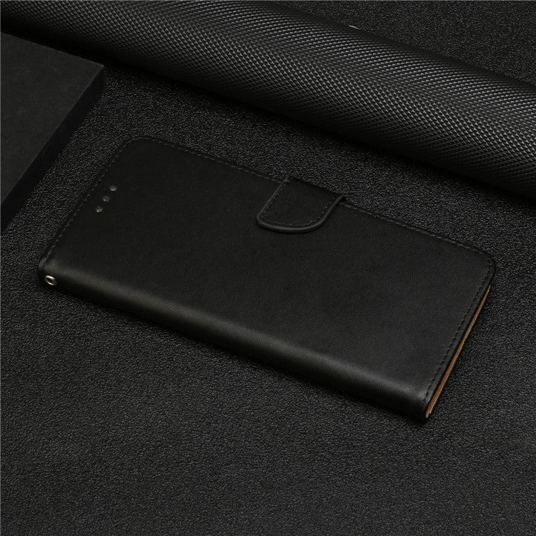 HT02 For vivo Y78+ 5G Genuine Cow Leather Phone Case Nappa Texture Phone Stand Wallet Cover - Black