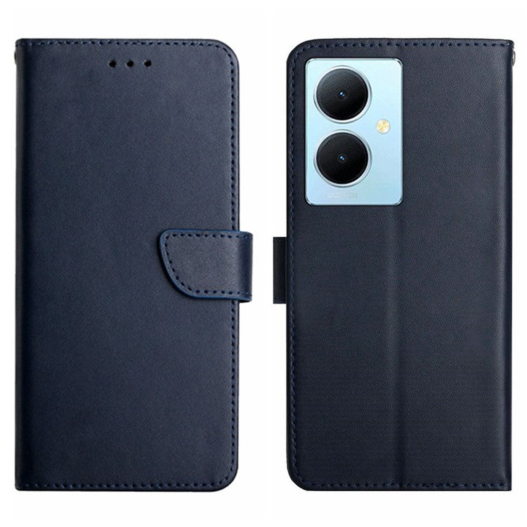 HT02 For vivo Y78+ 5G Genuine Cow Leather Phone Case Nappa Texture Phone Stand Wallet Cover - Blue