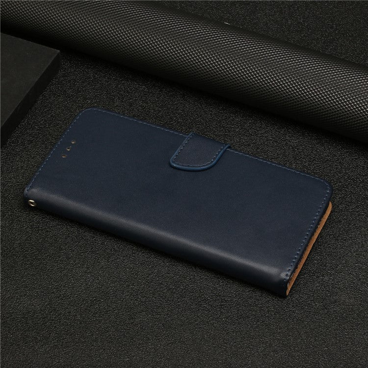 HT02 For vivo Y78+ 5G Genuine Cow Leather Phone Case Nappa Texture Phone Stand Wallet Cover - Blue