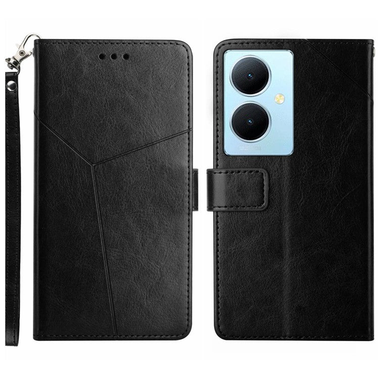 HT01 Wallet Phone Case for vivo Y78+ 5G , Y-shaped Line Imprinting Stand PU Leather Cover - Black