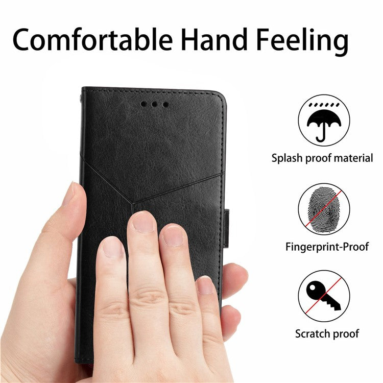 HT01 Wallet Phone Case for vivo Y78+ 5G , Y-shaped Line Imprinting Stand PU Leather Cover - Black