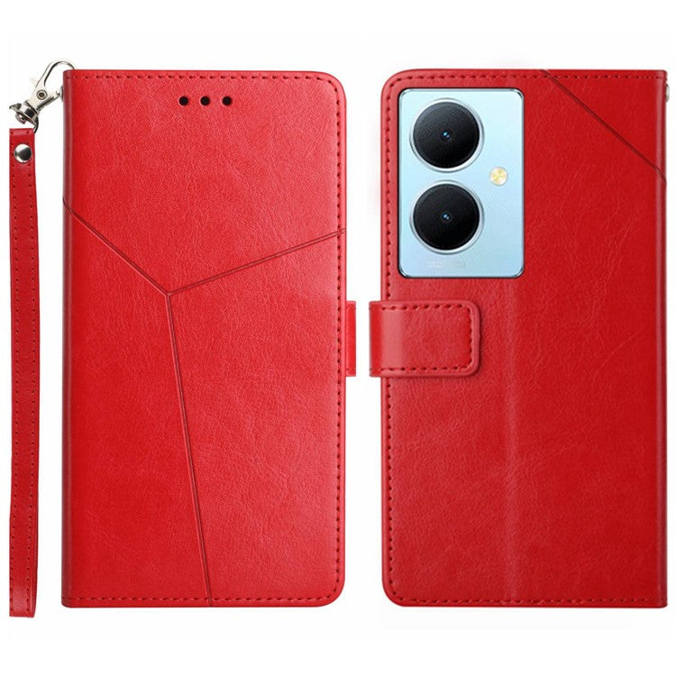 HT01 Wallet Phone Case for vivo Y78+ 5G , Y-shaped Line Imprinting Stand PU Leather Cover - Red