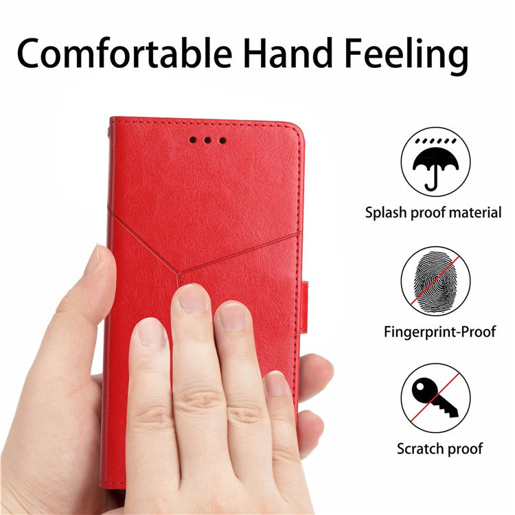 HT01 Wallet Phone Case for vivo Y78+ 5G , Y-shaped Line Imprinting Stand PU Leather Cover - Red