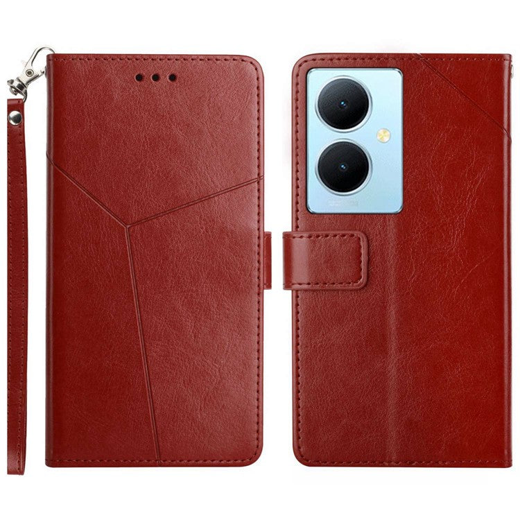 HT01 Wallet Phone Case for vivo Y78+ 5G , Y-shaped Line Imprinting Stand PU Leather Cover - Brown