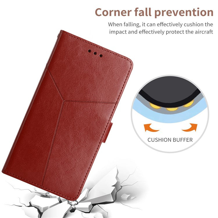 HT01 Wallet Phone Case for vivo Y78+ 5G , Y-shaped Line Imprinting Stand PU Leather Cover - Brown