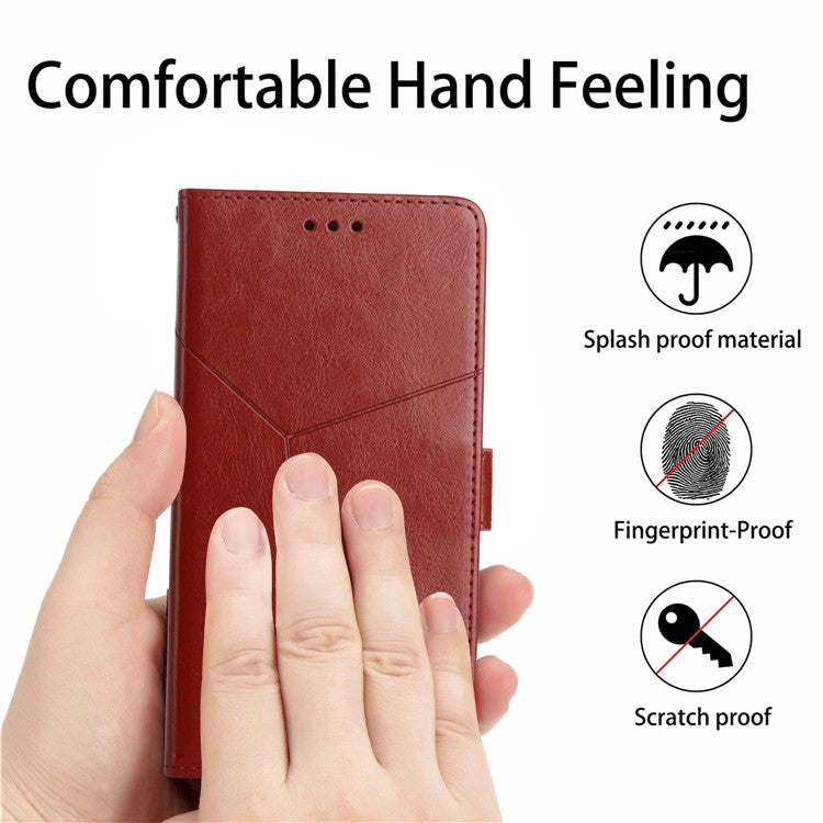 HT01 Wallet Phone Case for vivo Y78+ 5G , Y-shaped Line Imprinting Stand PU Leather Cover - Brown