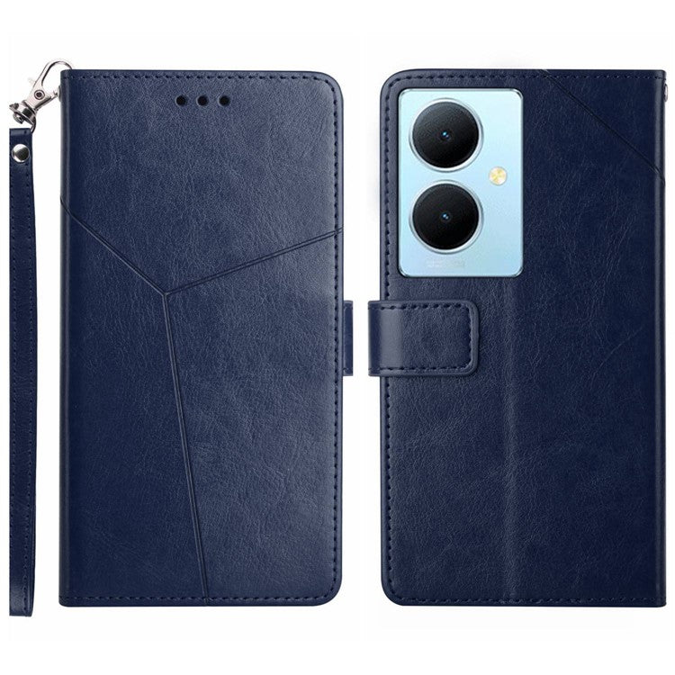 HT01 Wallet Phone Case for vivo Y78+ 5G , Y-shaped Line Imprinting Stand PU Leather Cover - Blue