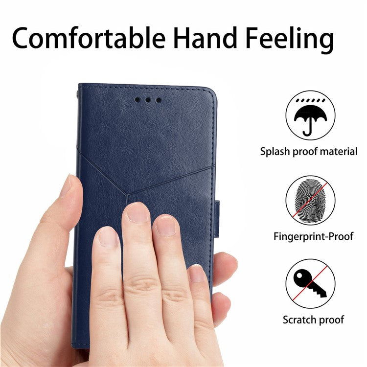 HT01 Wallet Phone Case for vivo Y78+ 5G , Y-shaped Line Imprinting Stand PU Leather Cover - Blue