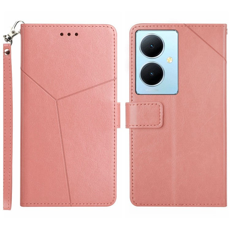 HT01 Wallet Phone Case for vivo Y78+ 5G , Y-shaped Line Imprinting Stand PU Leather Cover - Pink