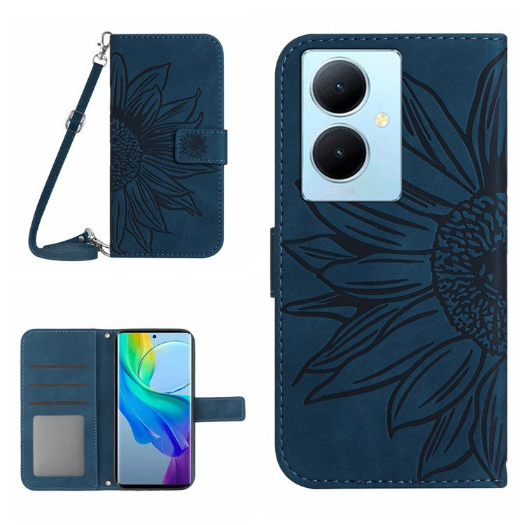 HT04 For vivo Y78+ 5G Sunflower Imprint Phone Case Leather Wallet Stand Shell with Shoulder Strap - Dark Blue