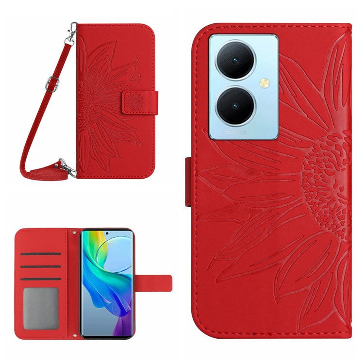 HT04 For vivo Y78+ 5G Sunflower Imprint Phone Case Leather Wallet Stand Shell with Shoulder Strap - Red