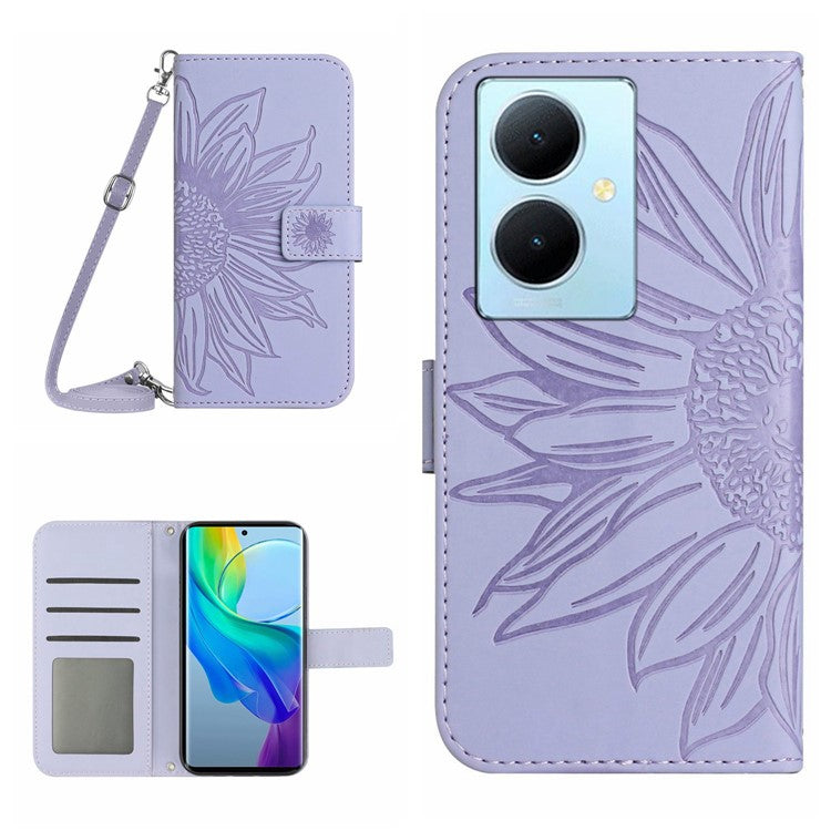 HT04 For vivo Y78+ 5G Sunflower Imprint Phone Case Leather Wallet Stand Shell with Shoulder Strap - Light Purple