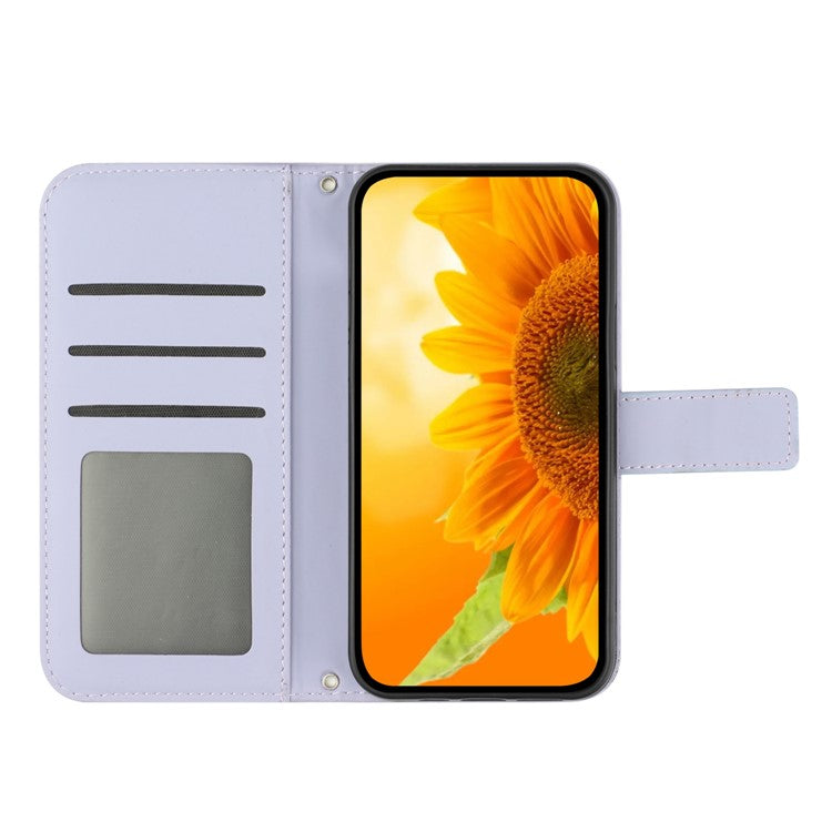 HT04 For vivo Y78+ 5G Sunflower Imprint Phone Case Leather Wallet Stand Shell with Shoulder Strap - Light Purple