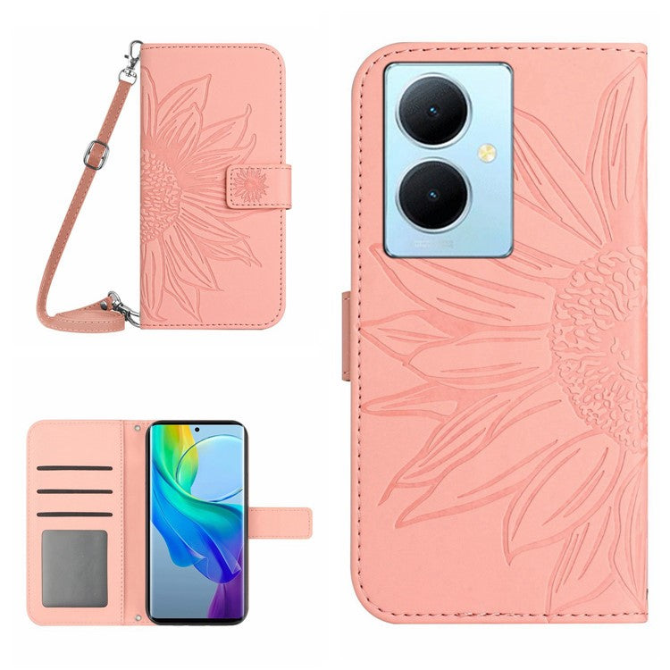 HT04 For vivo Y78+ 5G Sunflower Imprint Phone Case Leather Wallet Stand Shell with Shoulder Strap - Light Pink