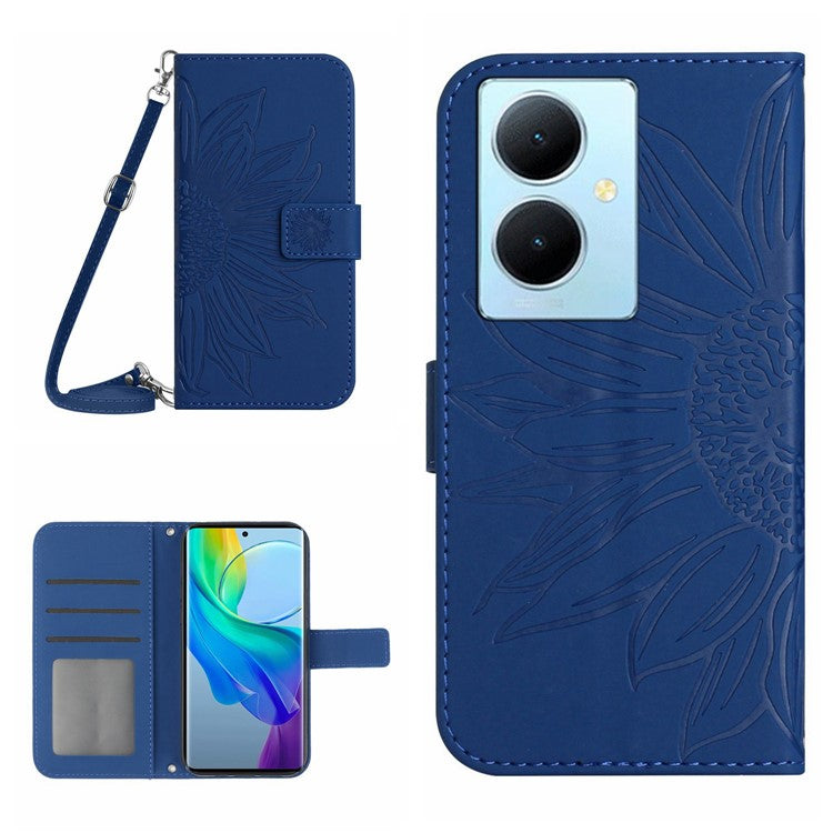 HT04 For vivo Y78+ 5G Sunflower Imprint Phone Case Leather Wallet Stand Shell with Shoulder Strap - Sapphire